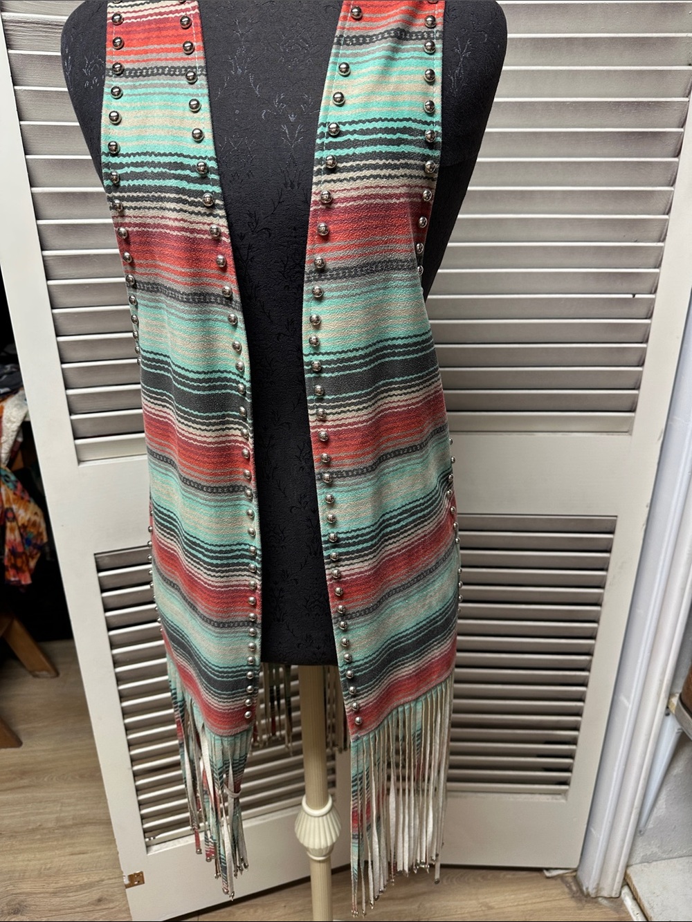Crazy Train Striped Fringe Vest in Mint Green & Coral